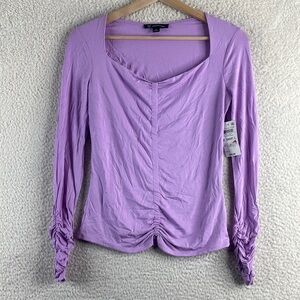 NWT INC Womens Purple Stretch Ruched Long Sleeve Queen Anne Neck Top XS XSMALL